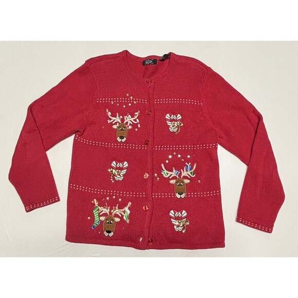 Vintage Tacky Crystal Kobe Christmas Ugly Red Reindeer Sweater Size M - Picture 1 of 4